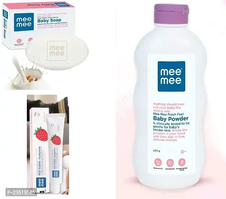 Mee Mee Fresh Feel Baby Powder 200g with Moisturising Baby Soap 75g and Mild Toddler Strawberry Flavour Toothpaste 12M+ (70g) - Combo of 3 Items