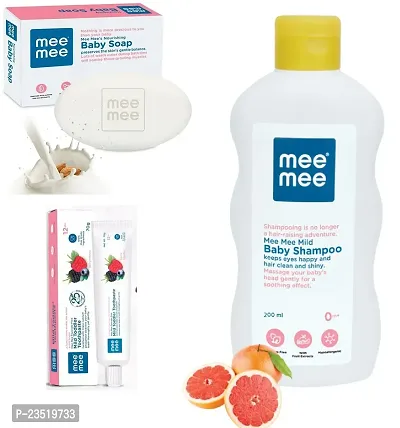 Mee Mee Mild Baby Shampoo 200ml with Moisturising Baby Soap 75g and Mild Toddler Berry Flavour Toothpaste 12M+ (70g) - Combo of 3 Items