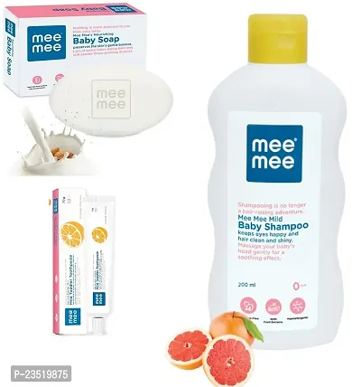 Mee Mee Mild Baby Shampoo 200ml with Moisturising Baby Soap 75g and Mild Toddler Orange Flavour Toothpaste 12M+ (70g) - Combo of 3 Items