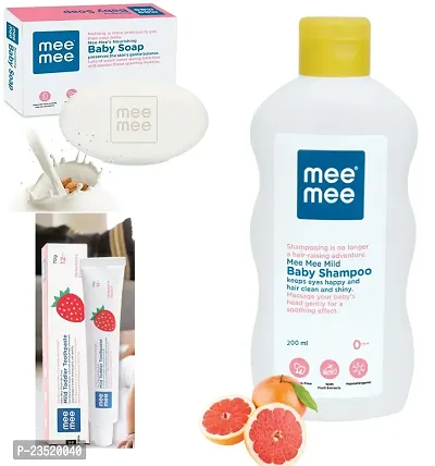 Mee Mee Mild Baby Shampoo 200ml with Moisturising Baby Soap 75g and Mild Toddler Strawberry Flavour Toothpaste 12M+ (70g) - Combo of 3 Items