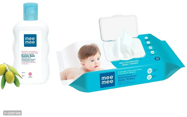 Mee Mee Gentle Baby Bubble Bath 200ml with Multipurpose Baby Wet Wipes with LID (72 Pcs) - Combo Pack