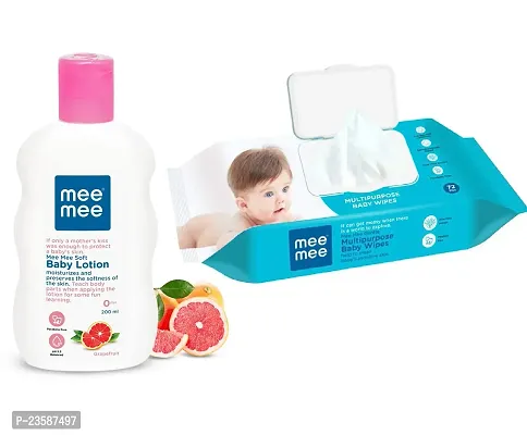 Mee Mee Soft Baby Lotion 200ml with Multipurpose Baby Wet Wipes with LID (72 Pcs) - Combo Pack