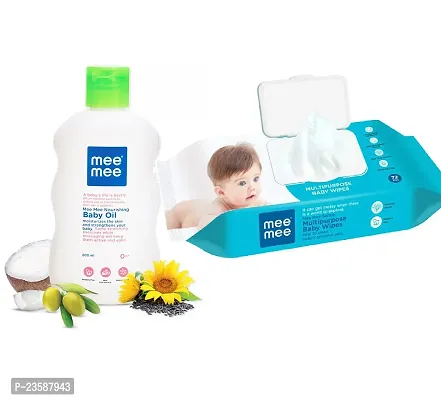 Mee Mee Nourishing Baby Oil 200ml with Multipurpose Baby Wet Wipes with LID (72 Pcs) - Combo Pack