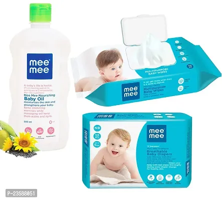 Mee Mee Nourishing Baby Oil 500ml with Multipurpose Baby Wet Wipes with LID (72 Pcs) and Baby Diaper (12pcs, Upto 5 Kg) - Combo Pack