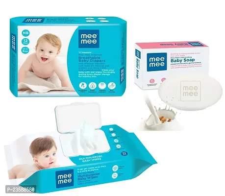 Mee Mee Caring Multipurpose Baby Wet Wipes with LID (72 Pcs) and Baby Diaper (12pcs, Upto 5 Kg) and Nourishing Baby Soap 75gm  - Combo Pack