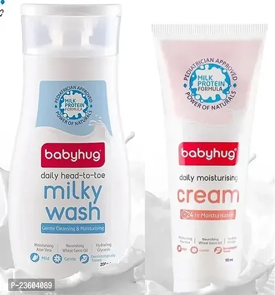 Babyhug Milk Protein Daily Head to Toe Milky Wash 200ml with Daily Moisturising Baby Cream 100ml - Combo of 2 Items