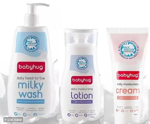 Babyhug Head to Toe Milky Wash 400ml with Daily Moisturising Lotion 200ml and Moisturising Baby Cream 100ml - Combo Pack