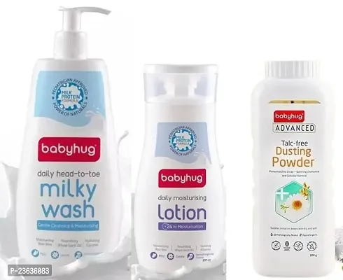 Babyhug Head to Toe Milky Wash 400ml with Daily Moisturising Lotion 200ml and Dusting Powder 200g - Combo Pack