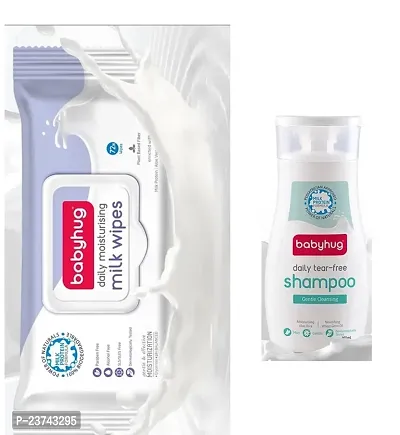 Babyhug Daily Moisturising Milk Wipes (72 Pc) and Daily Tear Free Shampoo (200ml) - Combo of 2