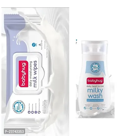 Babyhug Daily Moisturising Milk Wipes (72 Pc) and Daily Head to Toe Milky Wash (200ml) - Combo of 2