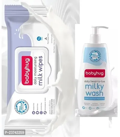 Babyhug Daily Moisturising Milk Wipes (72 Pc) and Daily Head to Toe Milky Wash (400ml) - Combo of 2