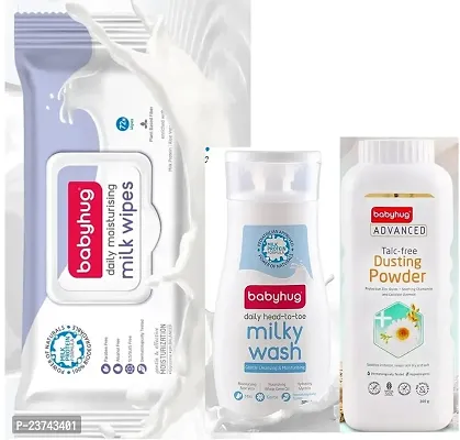 Babyhug Daily Moisturising Milk Wipes (72 Pc) and Head to Toe Milky Wash 200ml and Dusting Powder 200gm - Combo of 3