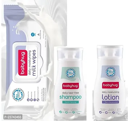 Babyhug Daily Moisturising Milk Wipes (72 Pc) and Tear Free Shampoo 200ml and Moisturising Lotion 200ml - Combo of 3