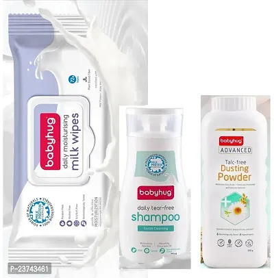 Babyhug Daily Moisturising Milk Wipes (72 Pc) and Tear Free Shampoo 200ml and Dusting Powder 200gm - Combo of 3