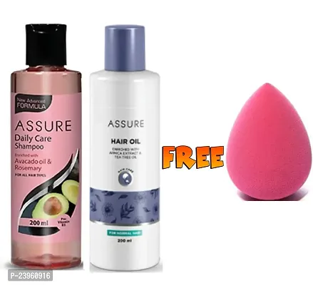 Assure Daily Care Shampoo 200ml and Hair Oil 200ml with Free 1 Puff Blender Sponge - Combo Pack-thumb0
