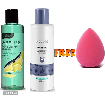 Assure Deep Cleanse Shampoo 200ml and Hair Oil 200ml with Free 1 Puff Blender Sponge - Combo Pack