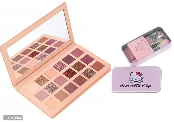 The Nude Edition Eye Shadow Palette and Hello Kitty Make Up Brush Pink (Set of 7) for Women and Girl - Combo Pack