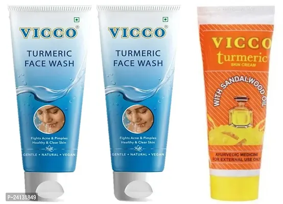 Vicco Turmeric Face Wash for Acne  Pimple (2x70g) with Turmeric Skin Cream with Sandalwood (70g) - Combo of 3