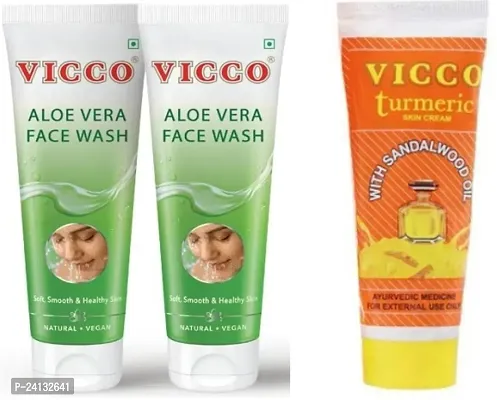 Vicco Aloe Vera Face Wash for Soft Smooth Skin (2x70g) with Turmeric Skin Cream with Sandalwood (70g) - Combo of 3