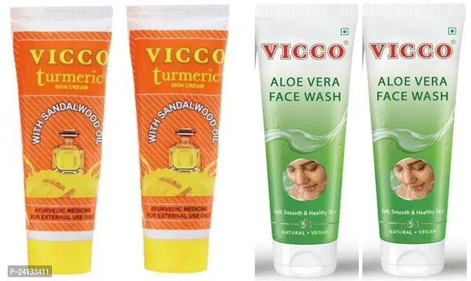 Vicco Turmeric Skin Cream with Sandalwood (2x70g) with Aloe Vera Face Wash for Soft Smooth Skin (2x70g) - Combo of 4