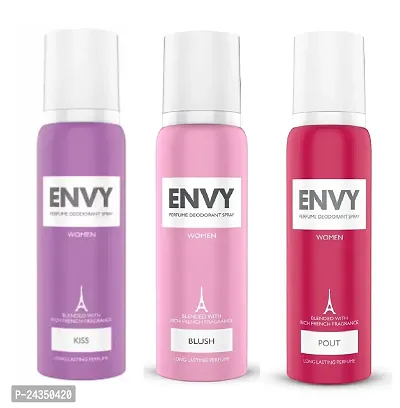 Envy Long Lasting Fragrance (Kiss and Blush and Pout) Perfume Deodorant Spray for Women (Each, 120ml) Combo of 3