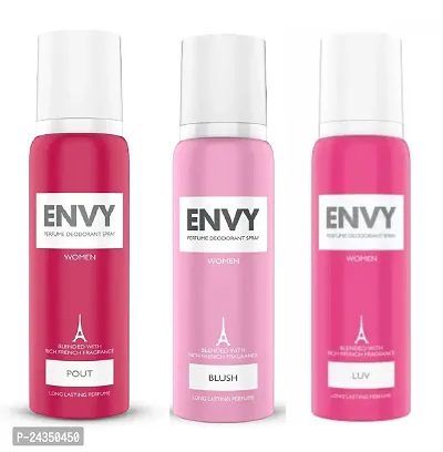 Envy Long Lasting Fragrance (Luv and Blush and Pout) Perfume Deodorant Spray for Women (Each, 120ml) Combo of 3