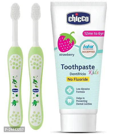 Chicco Toothbrush for (6-36 Month Babies) Pack of 2 with Strawberry Toothpaste 50g (12m+) - Combo of 3