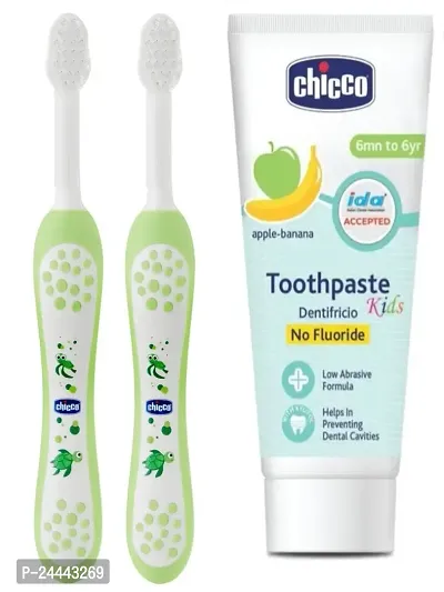 Chicco Toothbrush for (6-36 Month Babies) Pack of 2 with Apple-Banana Toothpaste 50g (6m+) - Combo of 3