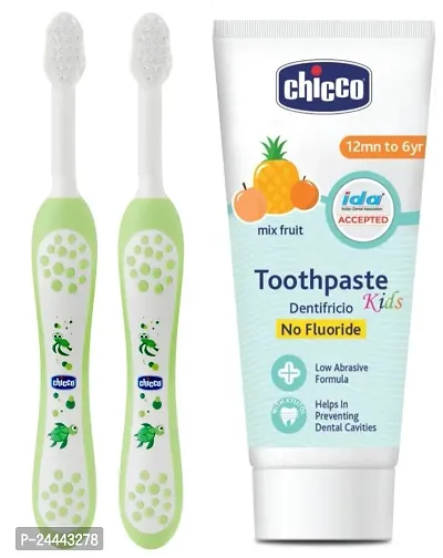 Chicco Toothbrush for (6-36 Month Babies) Pack of 2 with Mix Fruit Toothpaste 50g (12m+) - Combo of 3