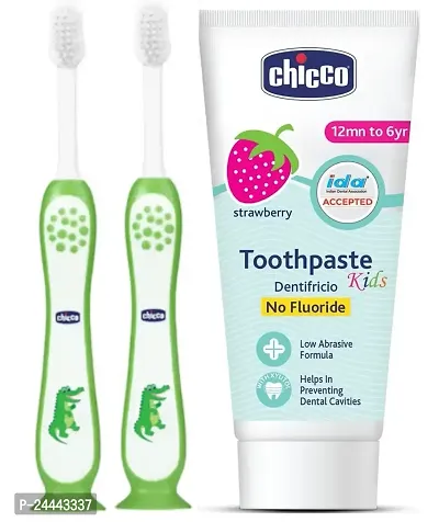 Chicco Toothbrush for (3-8 Yrs Kids) Pack of 2 with Strawberry Toothpaste 50g (12m+) - Combo of 3