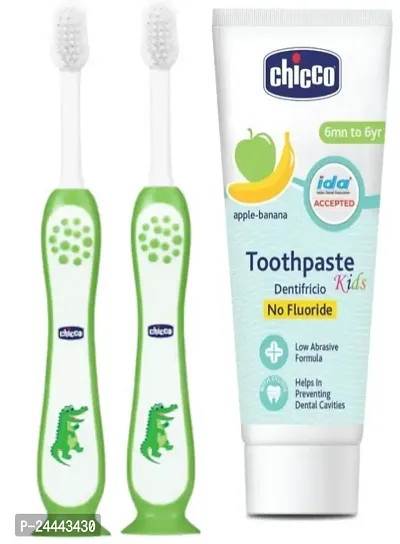 Chicco Toothbrush for (3-8 Yrs Kids) Pack of 2 with Apple-Banana Toothpaste 50g (6m+) - Combo of 3