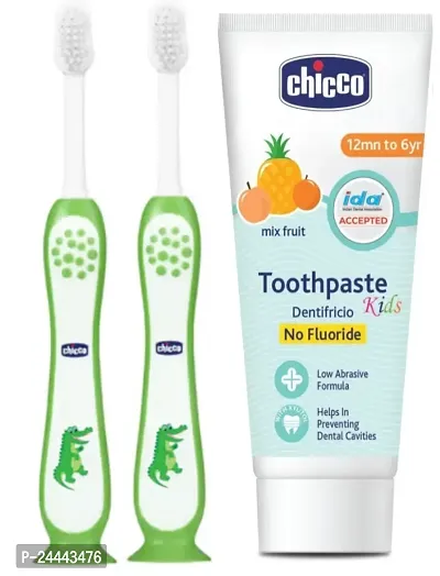 Chicco Toothbrush for (3-8 Yrs Kids) Pack of 2 with Mix Fruit Toothpaste 50g (12m+) - Combo of 3-thumb0