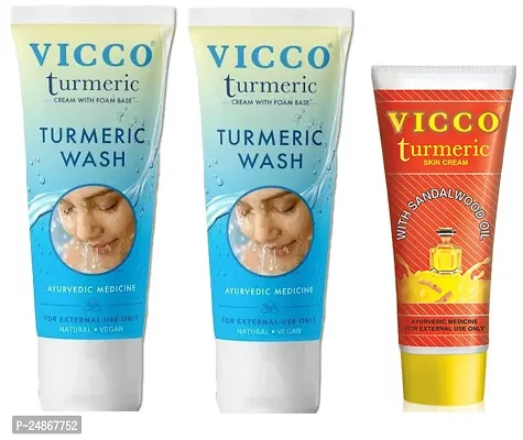 Vicco Turmeric Face Wash (2x70g)  Turmeric Skin Cream (50g) (Set of 3)