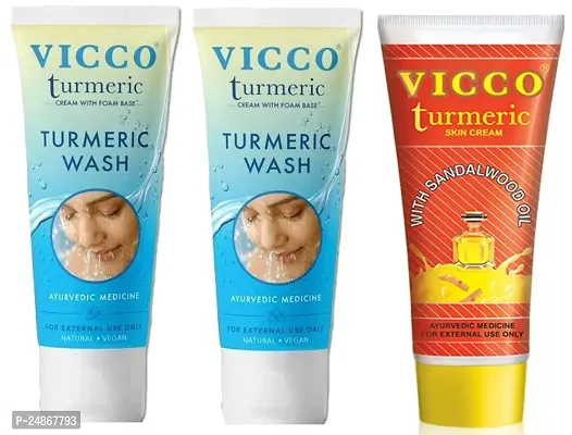 Vicco Turmeric Face Wash (2x70g)  Turmeric Skin Cream (70g) (Set of 3)