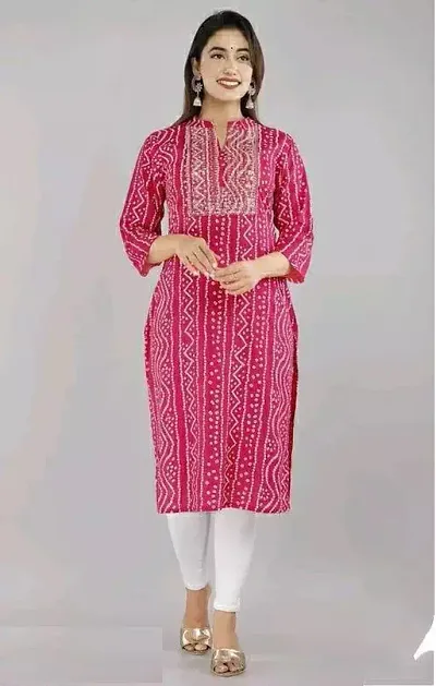 Kurti for Woman Rayon Bandhani Kurti , Mandarin Neck With Sitara Work | Fabric-Rayon |Print- Bandhani Color Not Come Out After Wash | Neck- Mandarin |