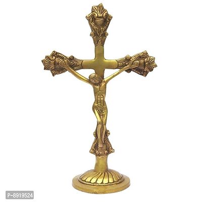 Brass Lord Jesus Idol Handicraft Cross Statue Christians Spiritual Puja Vastu Fegurine - Religious Murti Pooja Gift Item Decorative Showpiece-thumb0