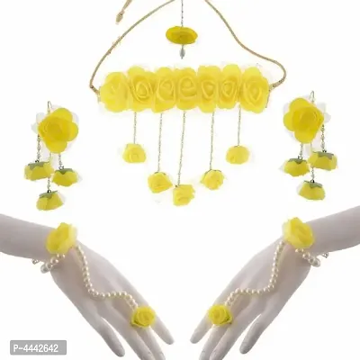 Beautiful Plastic & Pearl Brass and Pearl Necklace & Earrings & Bracelet And Maang Tika for Women (Yellow)-thumb0