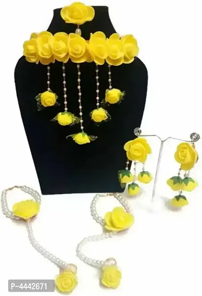 Beautiful Plastic  Pearl Brass and Pearl Necklace  Earrings  Bracelet And Maang Tika for Women (Yellow)-thumb0