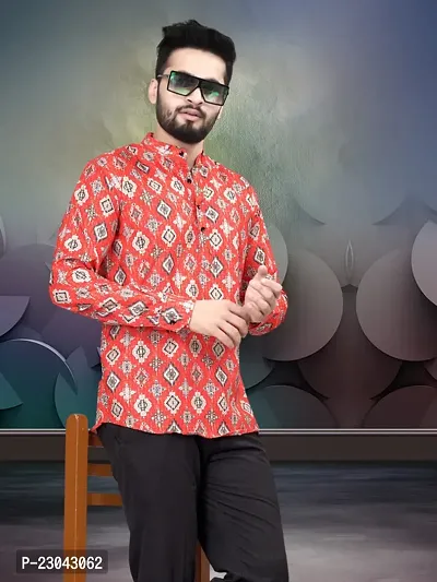 Reliable Cotton Blend Printed Short Length Kurta For Men-thumb0