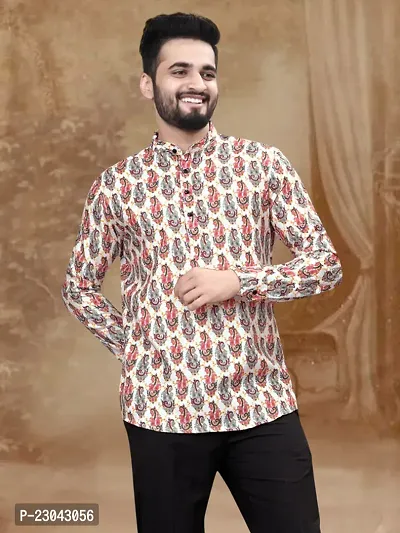 Reliable Cotton Blend Printed Short Length Kurta For Men