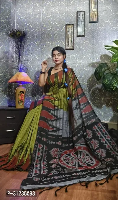 Stylish Khadi Cotton Green Printed Saree with Blouse Piece For Women-thumb0