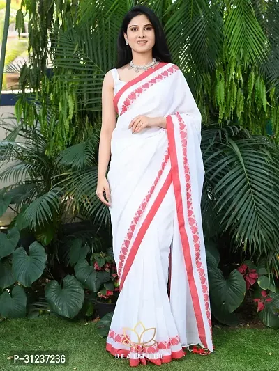 Stylish Khadi Cotton White Solid Saree with Blouse Piece For Women-thumb0