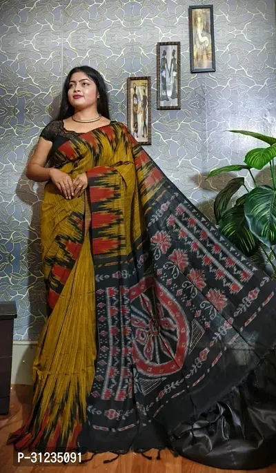 Stylish Khadi Cotton Mustard Printed Saree with Blouse Piece For Women-thumb0