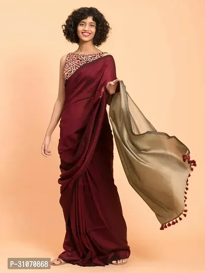 Stylish Khadi Cotton Maroon Colourblocked Saree with Blouse piece For Women-thumb0