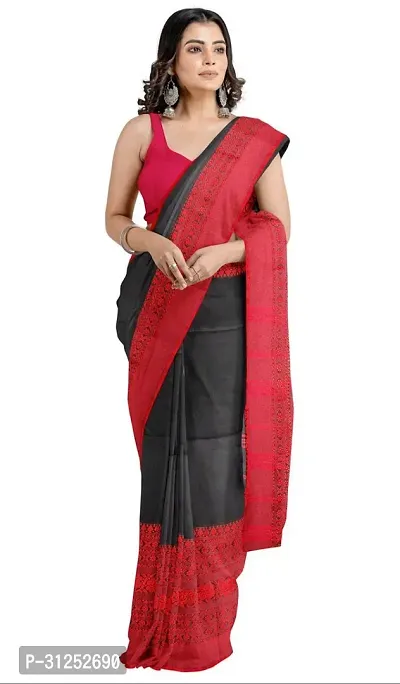 Beautiful Red Cotton Blend Women Saree with Running Blouse-thumb0