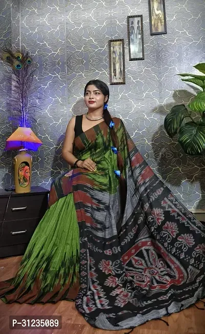 Stylish Khadi Cotton Green Printed Saree with Blouse Piece For Women-thumb0