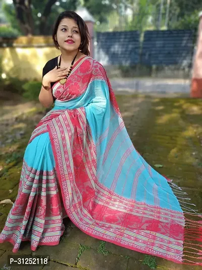 Elegant Blue Cotton Saree with Blouse piece For Women-thumb0