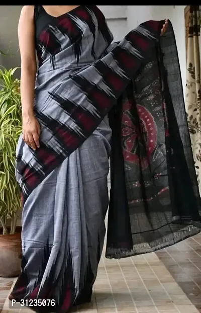 Stylish Khadi Cotton Grey Printed Saree with Blouse Piece For Women