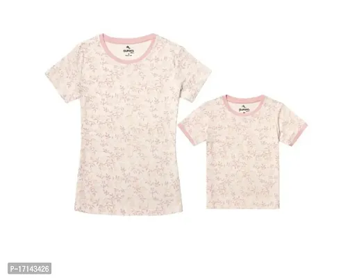 Aurora Shine - Mom Daughter Dress Pink Colour Cotton Floral Printed Regular Fit T-Shirt-thumb0