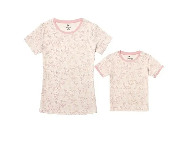 Aurora Shine - Mom Daughter Dress Pink Colour Cotton Floral Printed Regular Fit T-Shirt